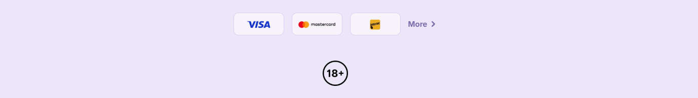 Casino footer with Visa, Mastercard, and Jeton payment icons, a “More” link, and an 18+ age restriction badge on a light background.