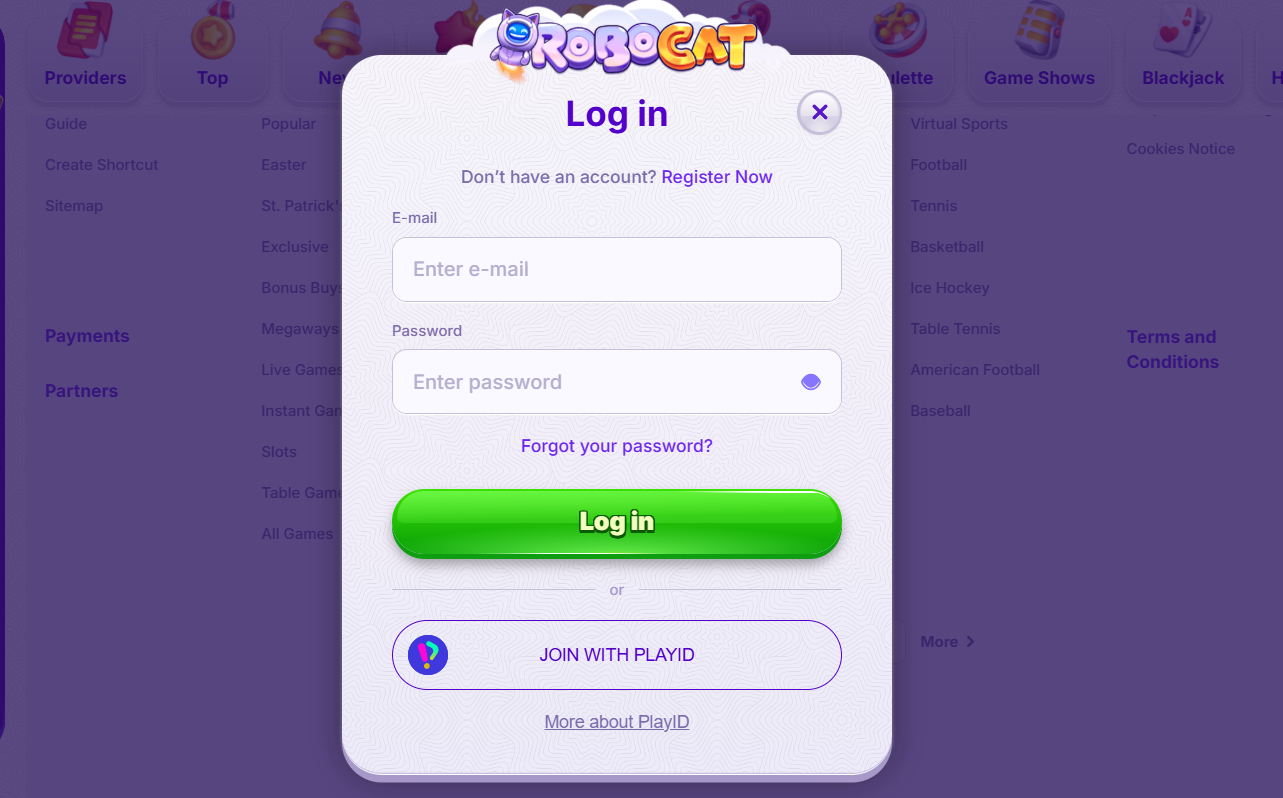 Login popup for RoboCat casino with email and password fields, a bright green “Log in” button, and an option to join using PlayID on a blurred purple background.